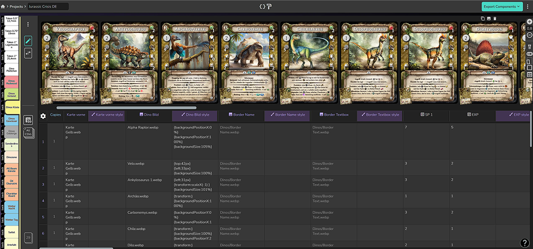 Editing cards and tokens in the Dextrous component editor